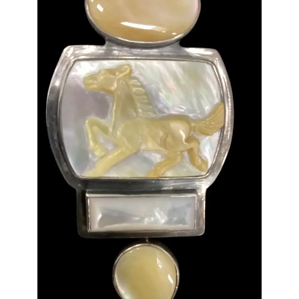 Vintage Sterling Silver 925 Mother Of Pearl Carved Horse Cameo Mint Condition